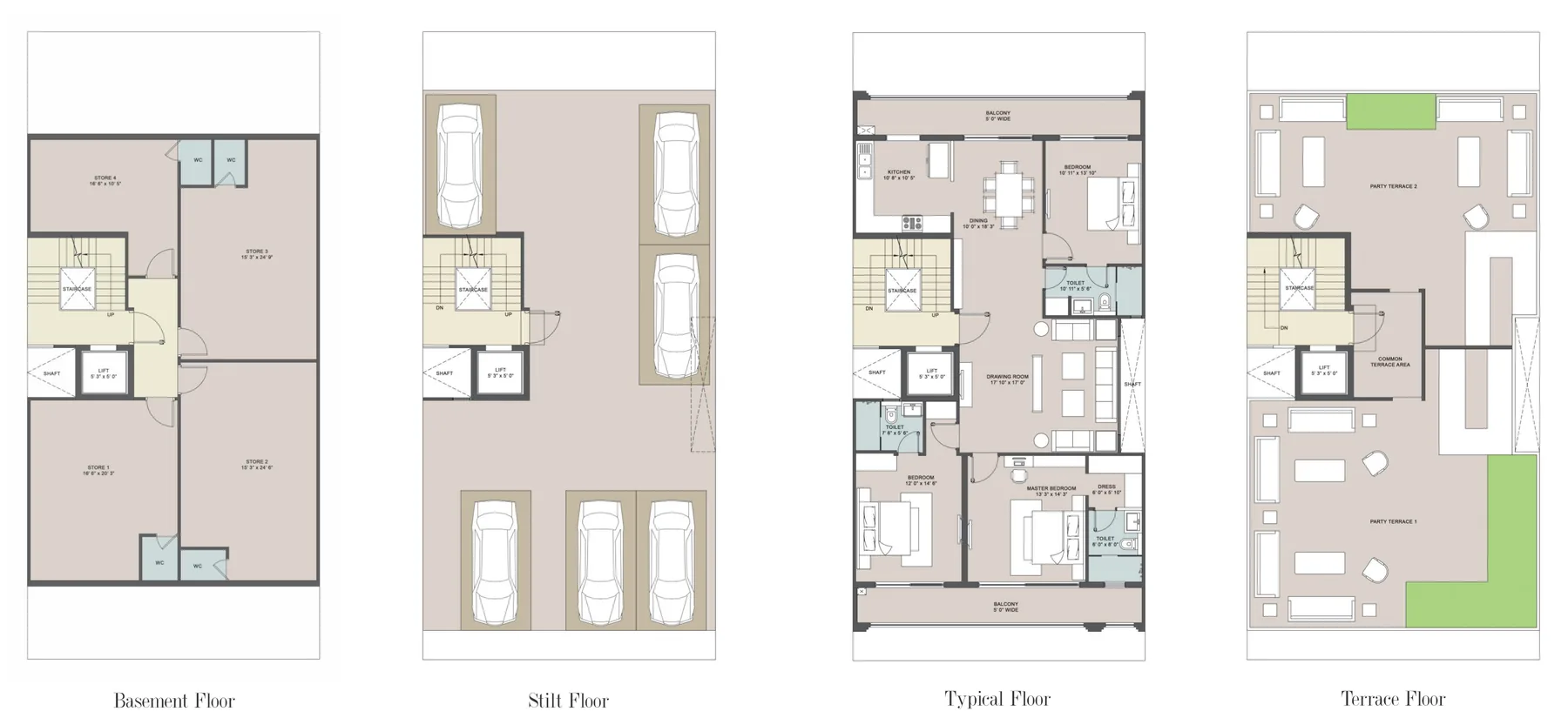 Central Park The Orchard 3 BHK floor plan Type 1, carpet area 1351 sq ft: basement, stilt, typical floor and terrace