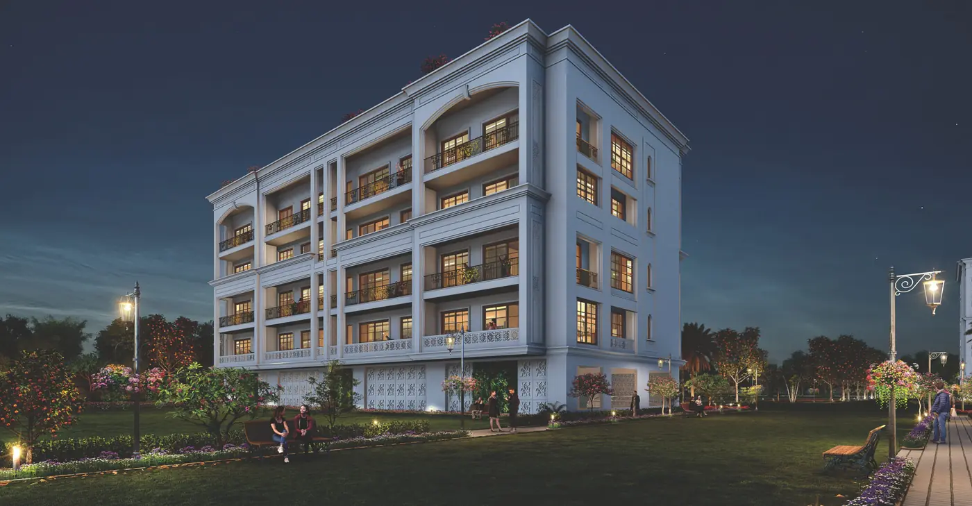 Central Park The Orchard walkthrough video cover: building elevation at night
