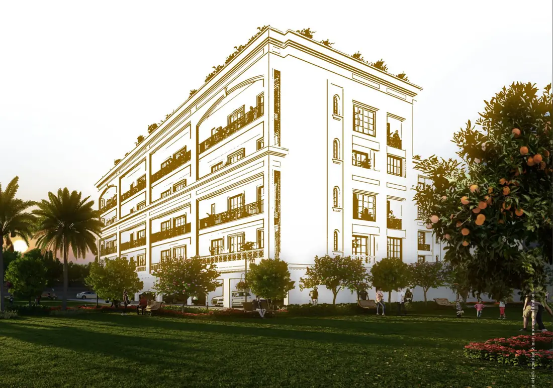 Neo-classical facade of a stilt plus four floor building at Central Park The Orchard, Sohna