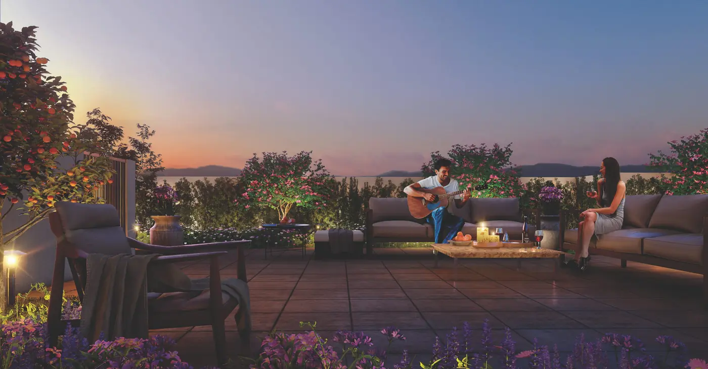 Private party terrace with garden at Central Park The Orchard overlooking the Aravallis